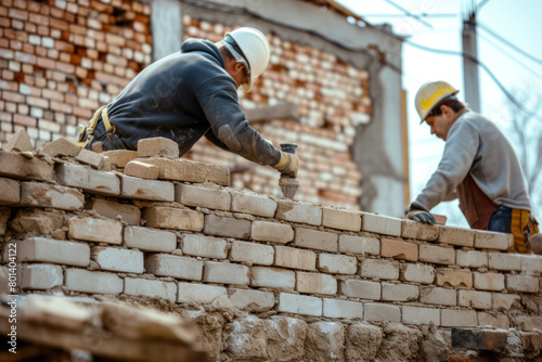 Construction Workers Building a Brick Wall at a Construction Site