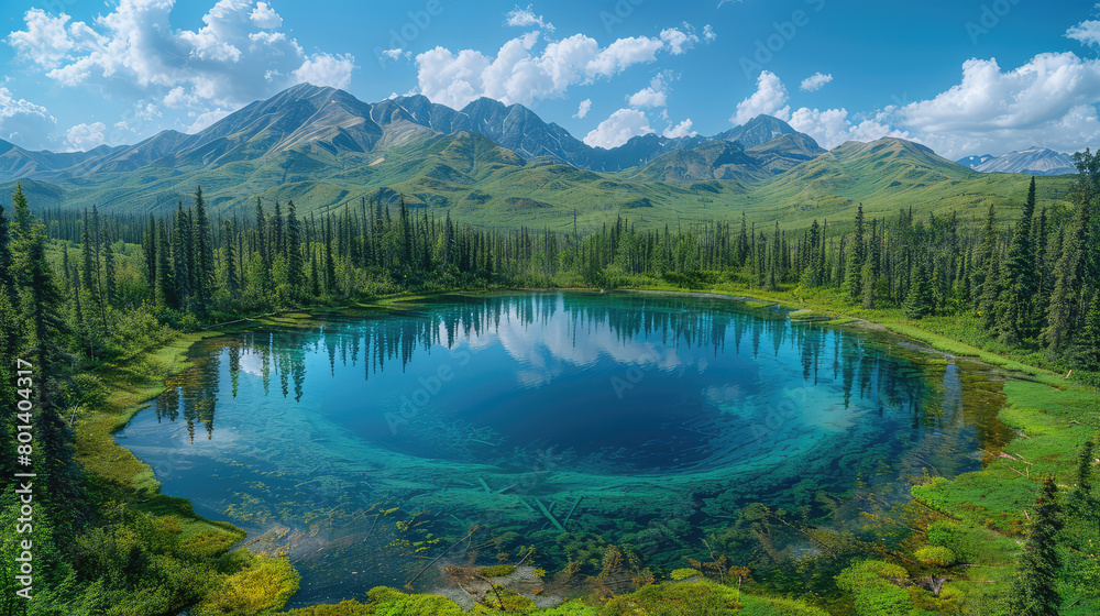 A panoramic view of the pristine wilderness, featuring serene lakes surrounded by dense forests and majestic mountains. Created with Ai