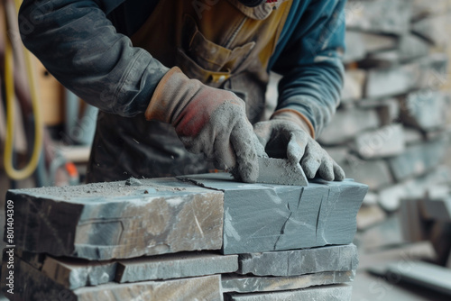 Construction Worker Cutting Stone for Building and Landscaping Work photo