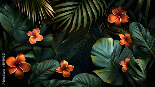 Tropical leaves and flowers against a dark backdrop