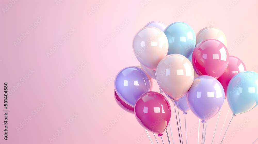 Brilliantly colored balloons in pink, blue, and purple hues against a soft pink background.