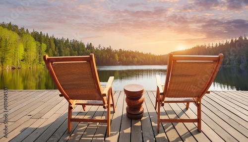 two wooden chairs on a wood pier overlooking a lake at sunset photo