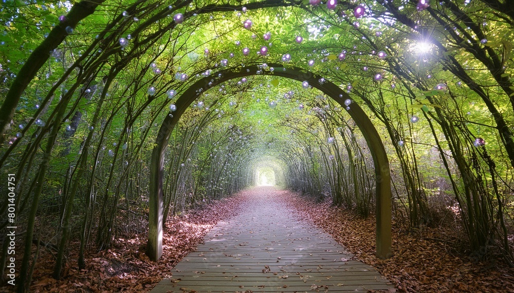 enchanted forest arch passage tunnel with glittering leaves generative ai