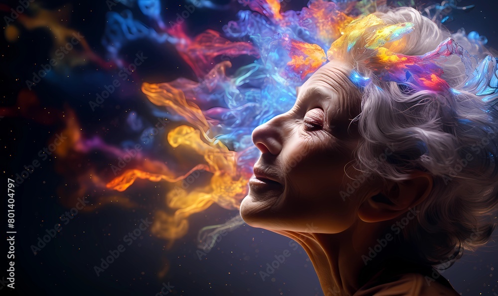 Tranquil elderly woman surrounded by vibrant cosmic colors, capturing a serene moment of inner peace and imaginative wonder