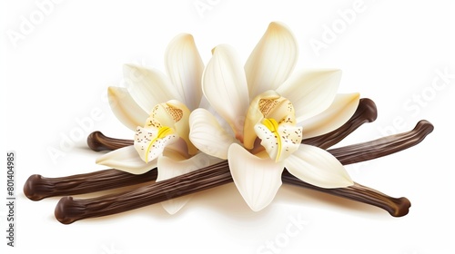 Realistic illustration of vanilla flowers and beans isolated on white background.