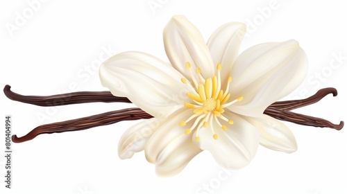 Highly detailed illustration of a white magnolia flower with three brown vanilla pods.