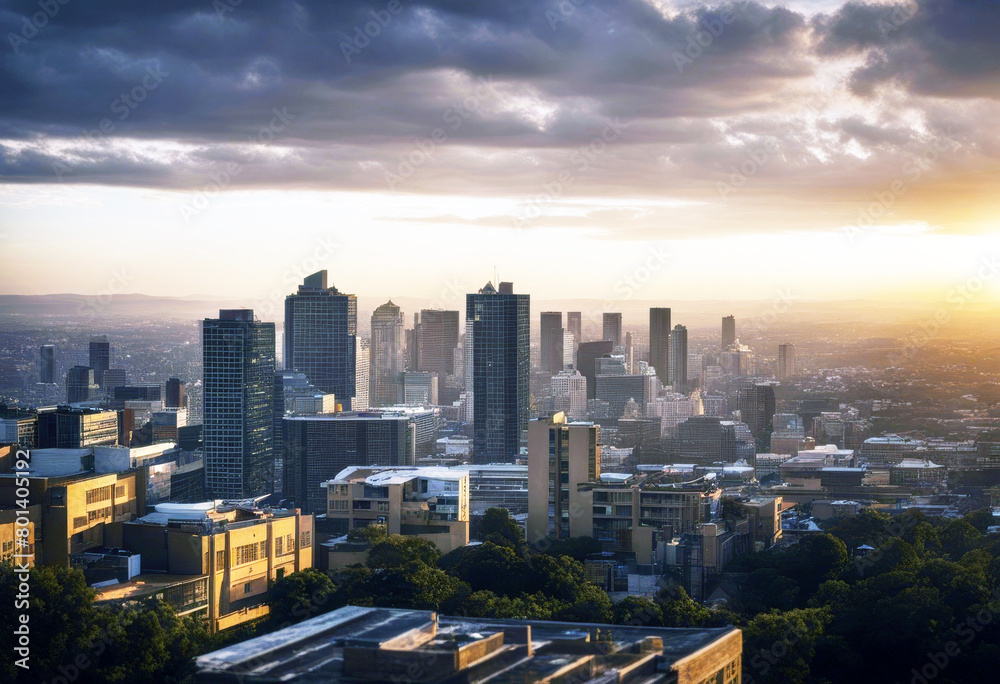 Fototapeta premium 'sunset evening golden taken skyline city Johannesburg photograph panoramic dramatic beautiful A aerial business modern skyscraper landmark district street scenic yellow light center pink building'