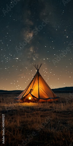 Tent Pitched in Field Under Starry Sky © BrandwayArt