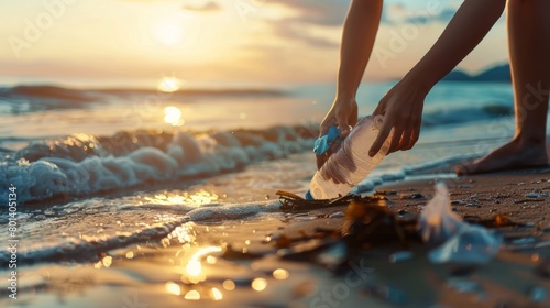 Save water. Volunteer pick up trash garbage at the beach and plastic bottles are difficult decompose prevent harm aquatic life. Earth, Environment, Greening planet, reduce global warming, Save world