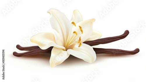 Exquisite illustration of a white lily flower with realistic vanilla petals and brown stamens.