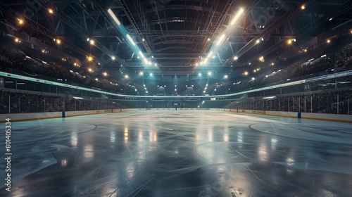 Wide view of an empty ice hockey rink with illuminated lighting and crowded stands. © Natalia