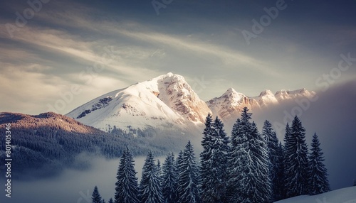 lovely winter mountain illustration in a classic vintage art
