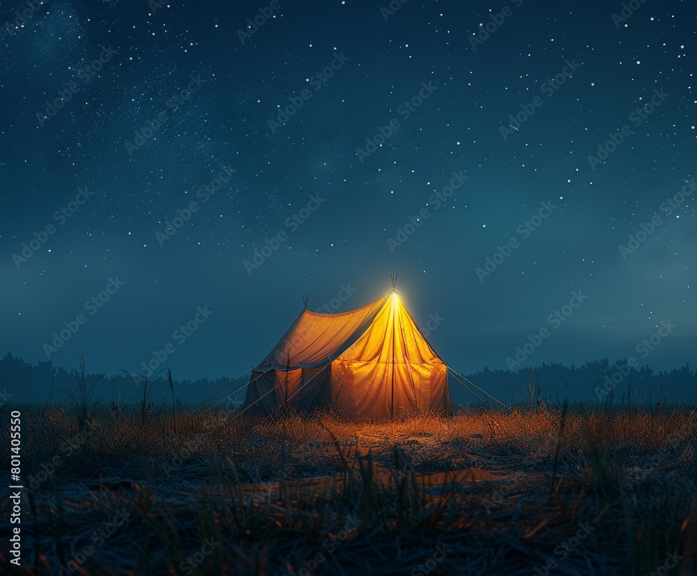 Tent Pitched in Field Under Night Sky