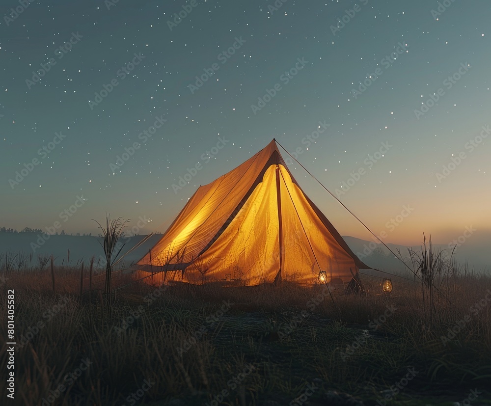 Tent Standing in Field Under Night Sky
