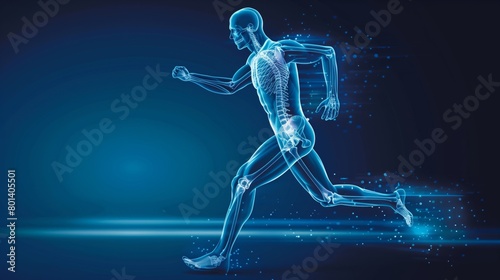 X-ray style digital illustration of a human skeleton running on a blue background.