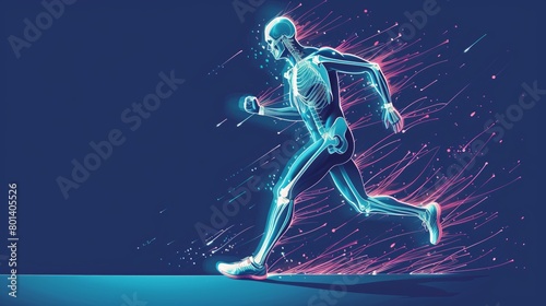 Dynamic illustration of a glowing, transparent human figure running with visible skeletal structure against a dark blue background, representing movement and anatomy.