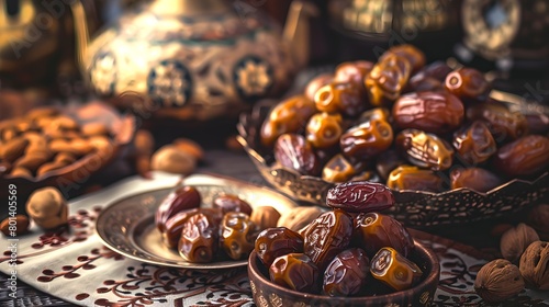 Traditional Middle Eastern Dates and Nuts Display for Ramadan. Rich and Textured Food Photography with a Cultural Theme. Ideal for Culinary Use. AI photo