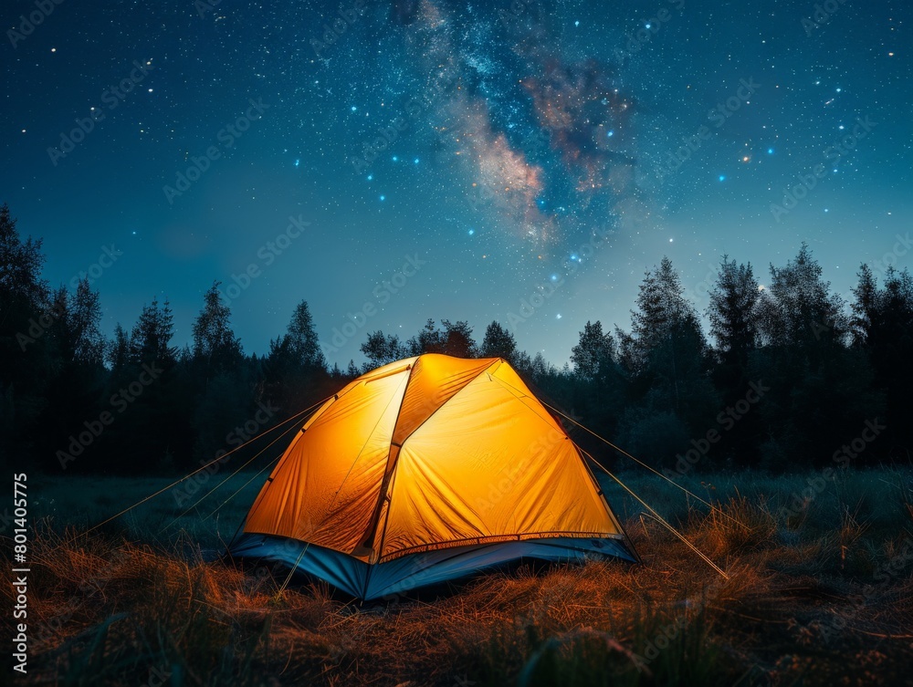 Yellow Tent in Field Under Night Sky