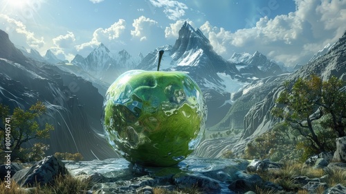 Generate an imaginative prompt featuring a glass apple with landscape mountain