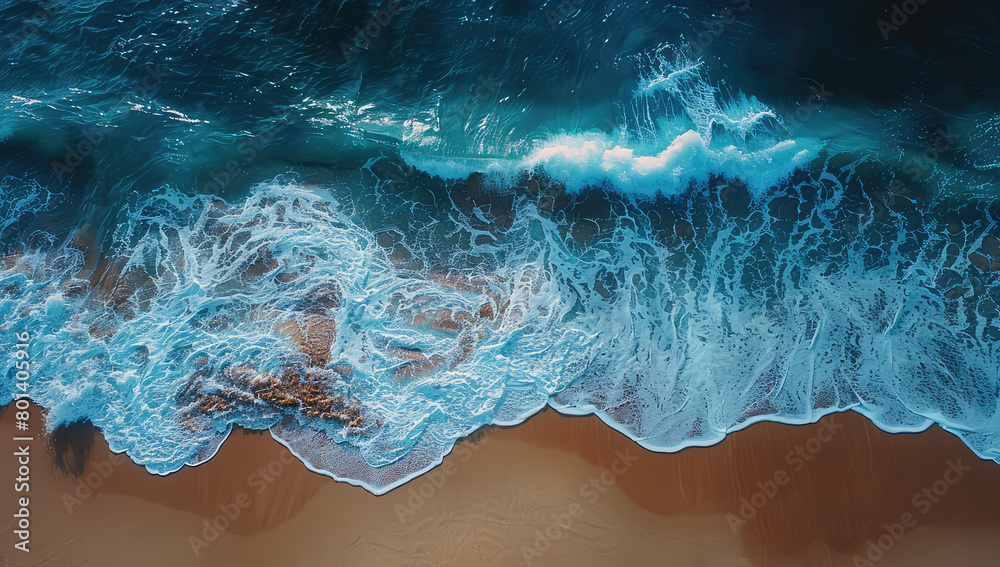  Aerial view of waves crashing on the beach, creating an enchanting and mesmerizing scene of blue ocean water against golden sand. Created with Ai