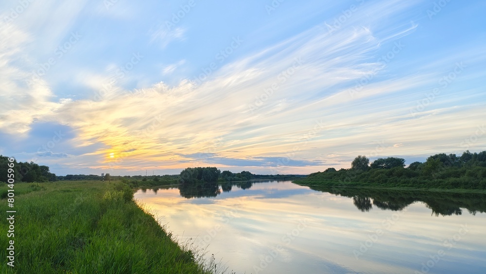 The summer sun sinks behind the trees growing on the riverbank. The colorful cloudy sky with feathery clouds at sunset is reflected in the water. Tall grass grows on the bank and a forest spreads