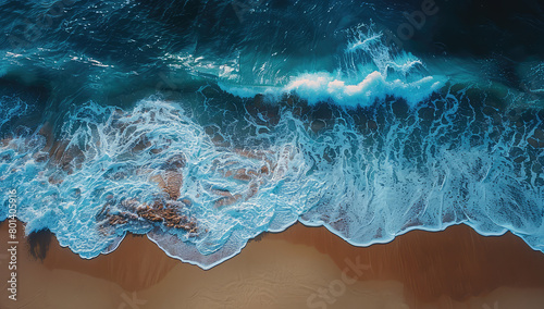  Aerial view of waves crashing on the beach, creating an enchanting and mesmerizing scene of blue ocean water against golden sand. Created with Ai © Creative Stock 