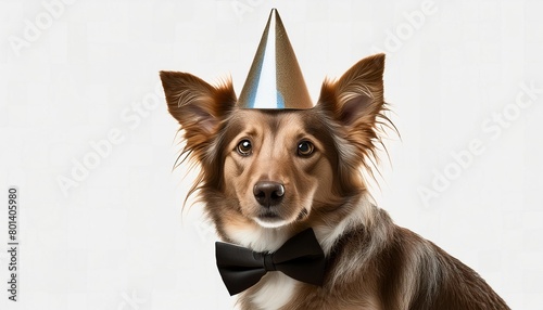 funny dog with birthday hat and bow tie on transparent background