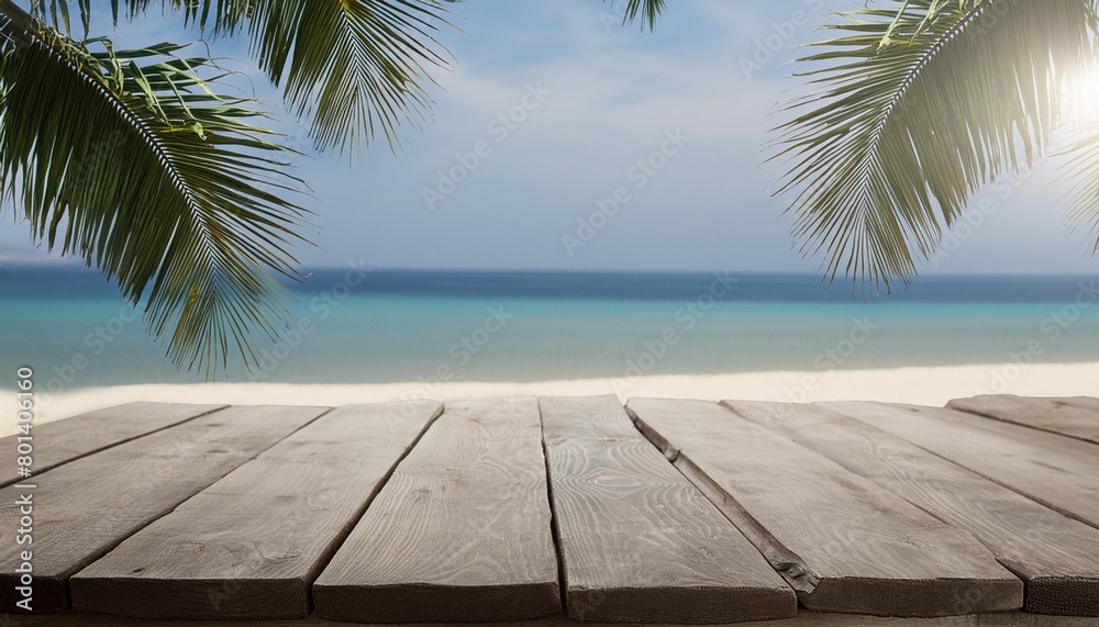 beach background with palm tree and empty wooden summer