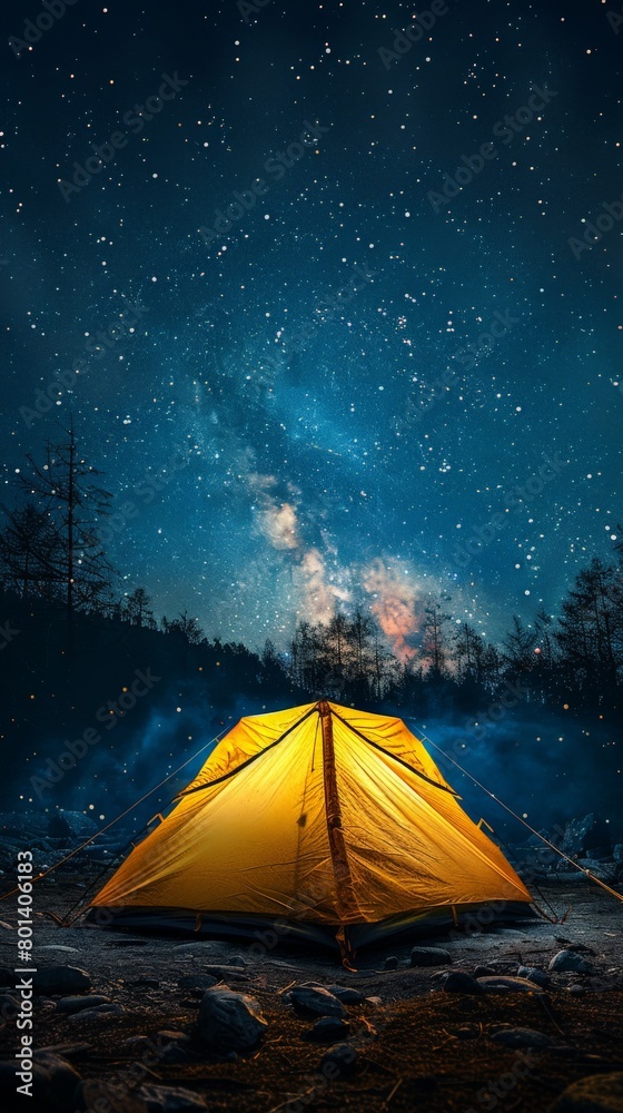 Yellow Tent on Field Under Night Sky Yellow Tent on Field Under Night Sky