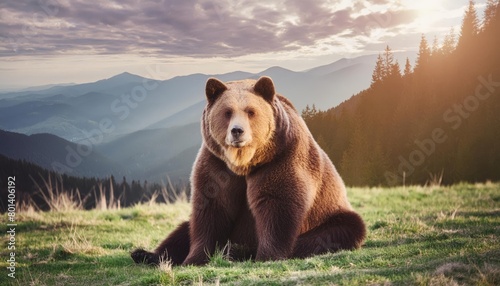 Brown bear sits with beautiful vista of their territory behind
 photo