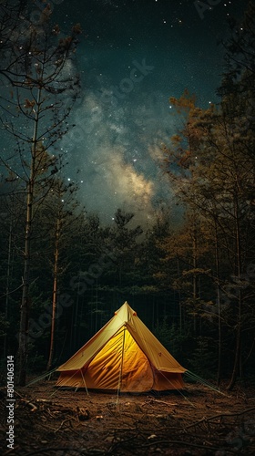 Tent in Forest Under Starry Night Sky