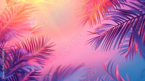 Vibrant tropical palm leaves with a soft-focus background in pink and blue hues.