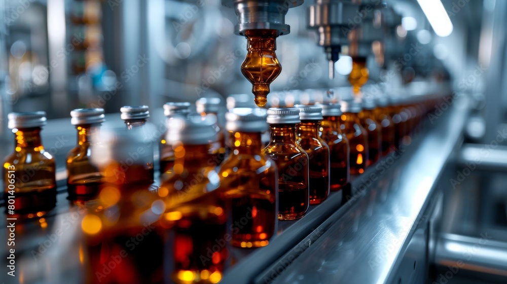 Medical vials on production line at pharmaceutical factory, Pharmaceutical machine working pharmaceutical glass bottles production line, health care, pandemic Medical vials on production line at pharmaceutical factory, Pharmaceutical machine working pharmaceutical glass bottles production line, health care, pandemic