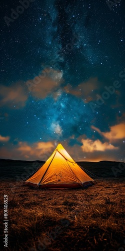 Tent Pitched in Field Under Star-Filled Night Sky