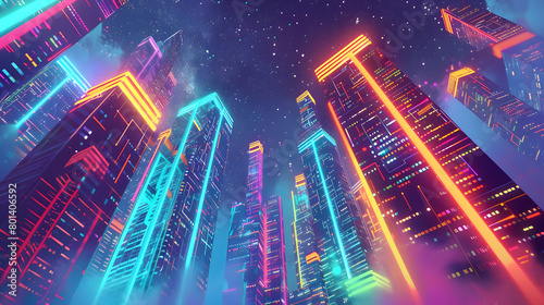 A futuristic cityscape with towering skyscrapers adorned in geometric patterns  pulsating with neon lights against a starry backdrop.