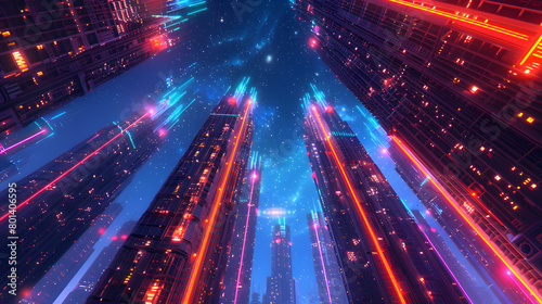 A futuristic cityscape with towering skyscrapers adorned in geometric patterns  pulsating with neon lights against a starry backdrop.