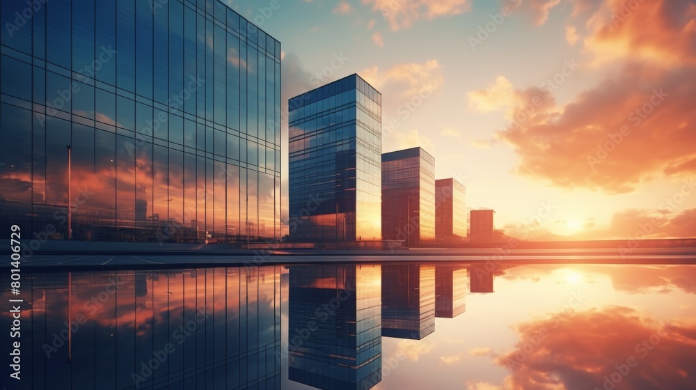 Modern office building or business center. High-rise window buildings made of glass reflect the clouds and the sunlight. empty street outside  wall modernity civilization. growing up business