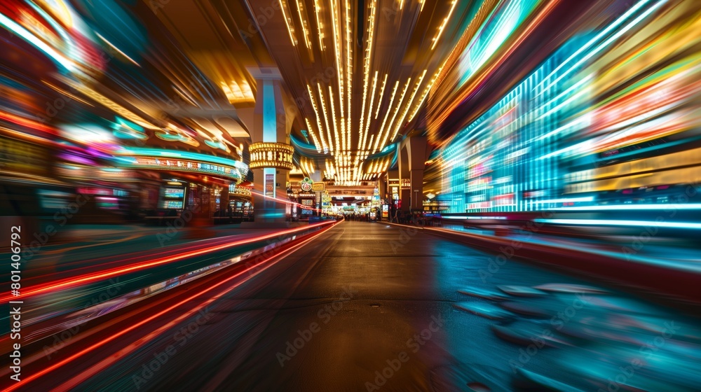 Dynamic long exposure shot of a brightly illuminated city street with vivid motion blur from passing vehicles. Dynamic long exposure shot of a brightly illuminated city street with vivid motion blur from passing vehicles.