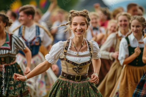 Joyful dancers in lederhosen and dirndls, celebrating Bavarian culture at Oktoberfest photo
