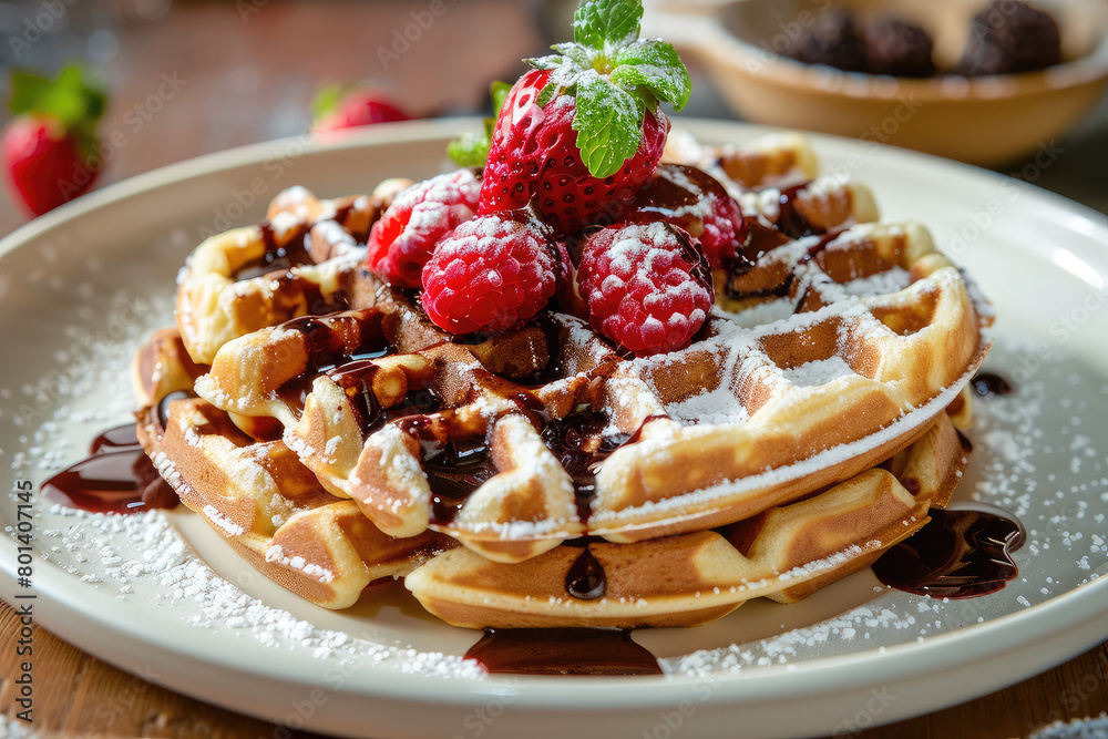 Delicious waffles food photography. Topping with Strawberries. Delicious waffles food photography. Topping with Strawberries.