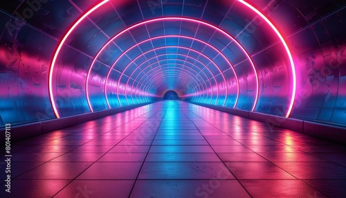 Abstract tunnel background with purple and blue glowing neon light lines and futuristic. High speed train on road. Technology concept