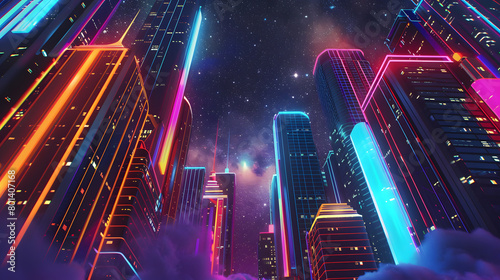 A futuristic cityscape with towering skyscrapers adorned in geometric patterns, pulsating with neon lights against a starry backdrop.