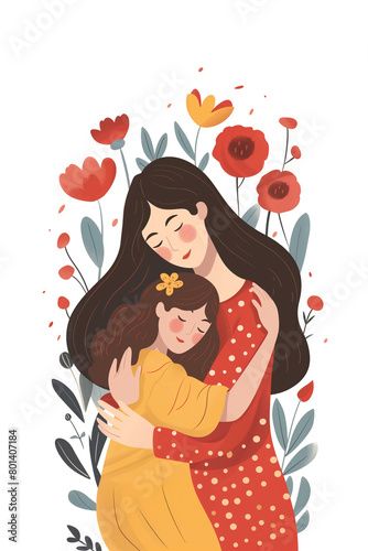  Mother hugs her daughter with love  motherhood. Celebration of Happy Mother s Day greeting card  poster or background. Flat design with boho style illustration with transparent background