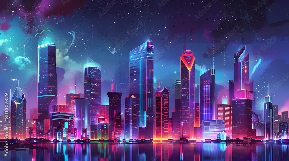 A futuristic cityscape with towering skyscrapers adorned in geometric patterns, pulsating with neon lights against a starry backdrop.