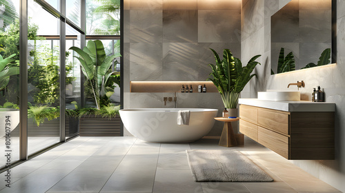 Modern bathroom with a freestanding bathtub, a neutral color palette of grey and beige tiles, a wooden vanity with a sink, large windows overlooking a garden, indoor plants for greenery decor. photo
