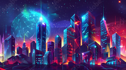 A futuristic cityscape with towering skyscrapers adorned in geometric patterns  pulsating with neon lights against a starry backdrop.