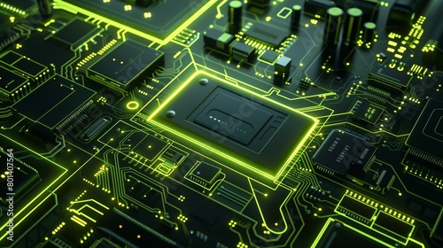 Detailed image of a green glowing circuit board with various electronic components.