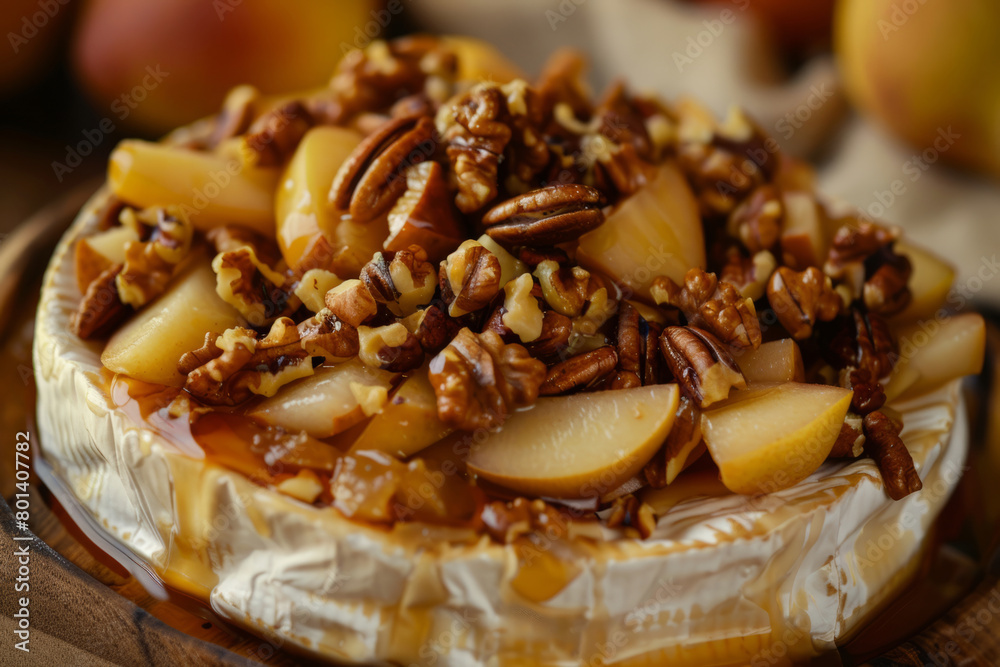 Cheese covered with caramelized pears, honey and walnuts