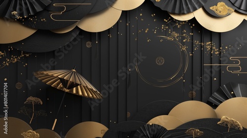 Elegant black and gold themed graphical composition with umbrellas and abstract decorations. photo
