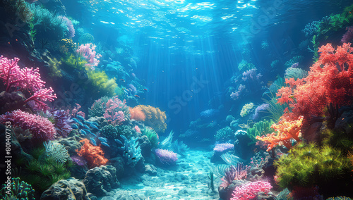 A beautiful coral reef with colorful corals and fish, under the sea. Created with Ai © oliver